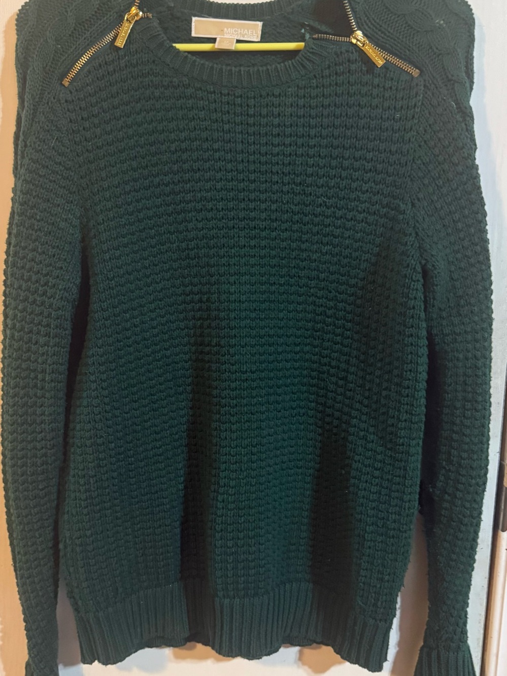 Michael Kors Dark Green Textured Crewneck Sweater with Gold Zippers